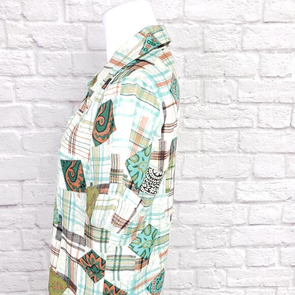 Vintage '70s Bradley Knitwear Green Plaid Patchwork Print Button Down Top Size M - Picture 6 of 16